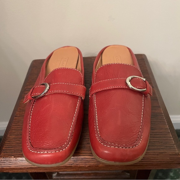 Coach Red Pebbled Leather Silver Logo Loafer Mules - Picture 2 of 6